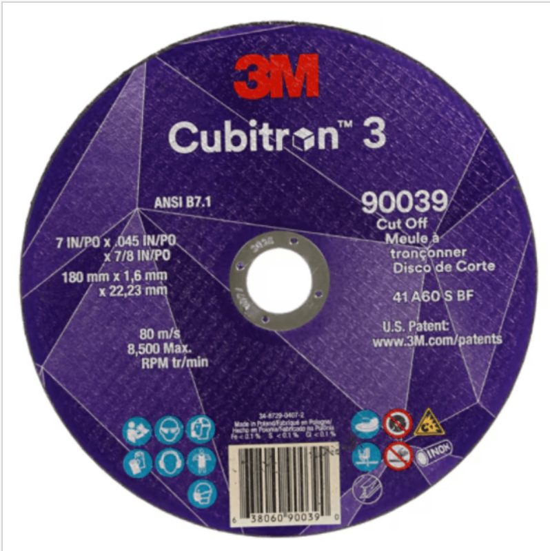 3M™ Cubitron™ 3 Cut-Off Wheel, 90039, 60+, T1, 7 in x 0.09 in x 7/8 in (180 x 2 x 22.23 mm), ANSI, 25/Pack, 50 ea/Case