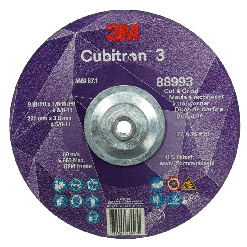3M™ Cubitron™ 3 Cut and Grind Wheel, 88993, 36+, T27, 9 in x 1/8 in x 5/8 in-11 (230 x 3.2 mm x 5/8-11 in), ANSI, 10 ea/Case