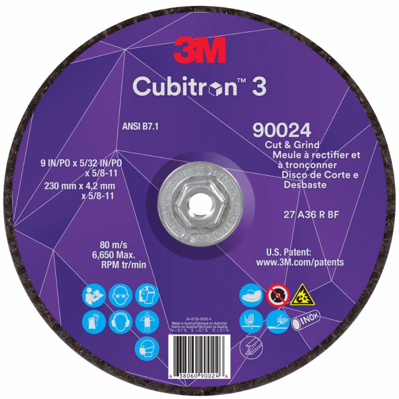 3M™ Cubitron™ 3 Cut and Grind Wheel, 90024, 36+, T27, 9 in x 5/32 in x 5/8 in-11 (230 x 4.2 mm x 5/8-11 in), ANSI, 10 ea/Case