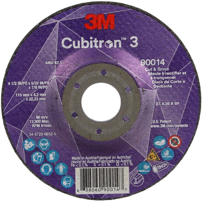3M™ Cubitron™ 3 Cut and Grind Wheel, 90014, 36+, T27, 4-1/2 in x 5/32 in x 7/8 in (115 x 4.2 x 22.23 mm) ANSI, 10/Pack, 20 ea/Ca