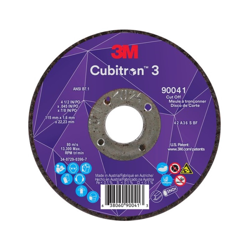 3M™ Cubitron™ 3 Cut-Off Wheel, 90044, 36+, T27, 4-1/2 in x 0.125 in x 7/8 in (115 x 3 x 22.23 mm), ANSI, 25/Pack, 50 ea/Case
