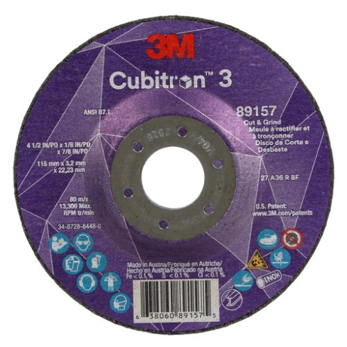 3M™ Cubitron™ 3 Cut and Grind Wheel, 89157, 36+, T27, 4-1/2 in x 1/8 in x 7/8 in (115 x 3.2 x 22.23 mm), ANSI, 10/Pack, 20 ea/Ca