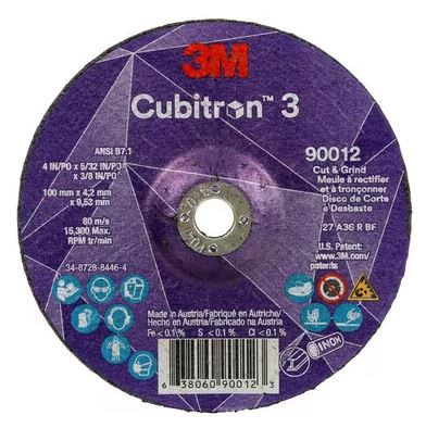 3M™ Cubitron™ 3 Cut and Grind Wheel, 90019, 36+, T27, 6 in x 5/32 in x 7/8 in (150 x 4.2 x 22.23 mm), ANSI, 10/Pack, 20 ea/Case