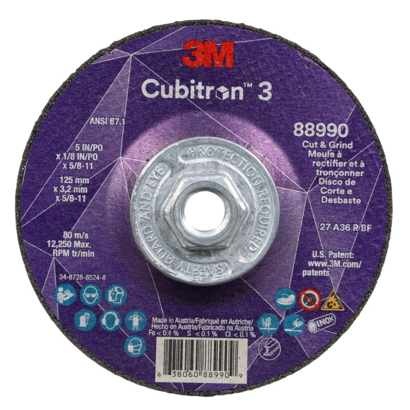 3M™ Cubitron™ 3 Cut and Grind Wheel, 88990, 36+, T27, 5 in x 1/8 in x 5/8 in-11 (125 x 3.2 mm x 5/8-11 in), ANSI, 10 ea/Case