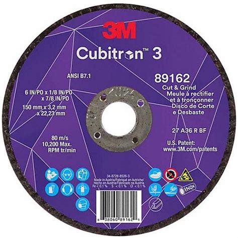 3M™ Cubitron™ 3 Cut and Grind Wheel, 89162, 36+, T27, 6 in x 1/8 in x 7/8 in (150 x 3.2 x 22.23 mm), ANSI, 10/Pack, 20 ea/Case