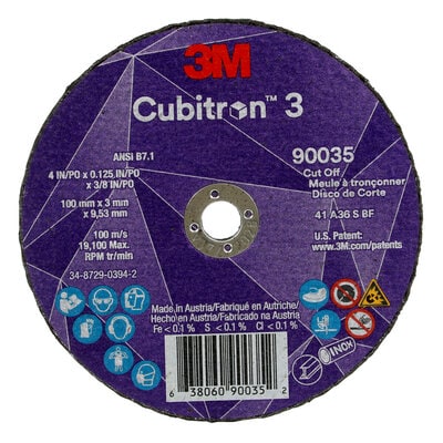 3M™ Cubitron™ 3 Cut-Off Wheel, 90035, 36+, T1, 4 in x 0.125 in x 3/8 in (100 x 3 x 9.53 mm), ANSI, 25/Pack, 50 ea/Case