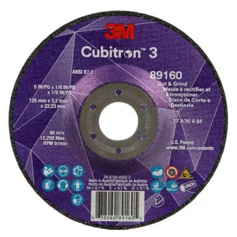 3M™ Cubitron™ 3 Cut and Grind Wheel, 89160, 36+, T27, 5 in x 1/8 in x 7/8 in (125 x 3.2 x 22.23 mm), ANSI, 10/Pack, 20 ea/Case