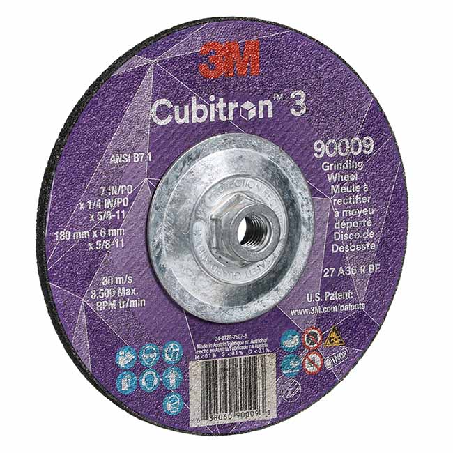 3M™ Cubitron™ 3 Depressed Center Grinding Wheel, 90009, 36+, T27, 7 in x 1/4 in x 5/8 in-11 (180x6mmx5/8-11in), ANSI, 10 ea/Case