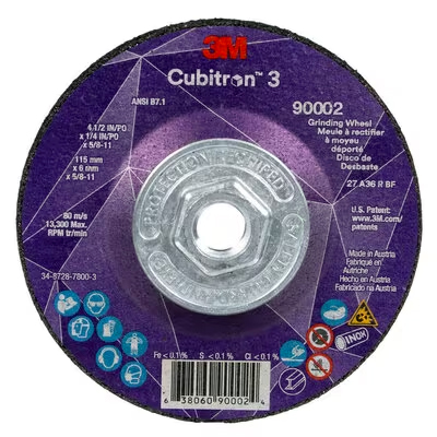 3M™ Cubitron™ 3 Depressed Center Grinding Wheel, 90002, 36+, T27, 4-1/2 in x 1/4 in x 5/8 in-11(115x6mmx5/8-11in) ANSI, 10 ea/Ca