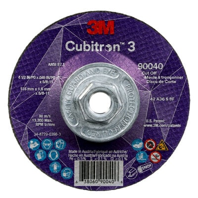 3M™ Cubitron™ 3 Cut-Off Wheel, 90040, 36+, T27, 4-1/2 in x 0.045 in x 5/8 in-11 (115 x 1.6 mm x 5/8-11 in), ANSI, 10 ea/Case