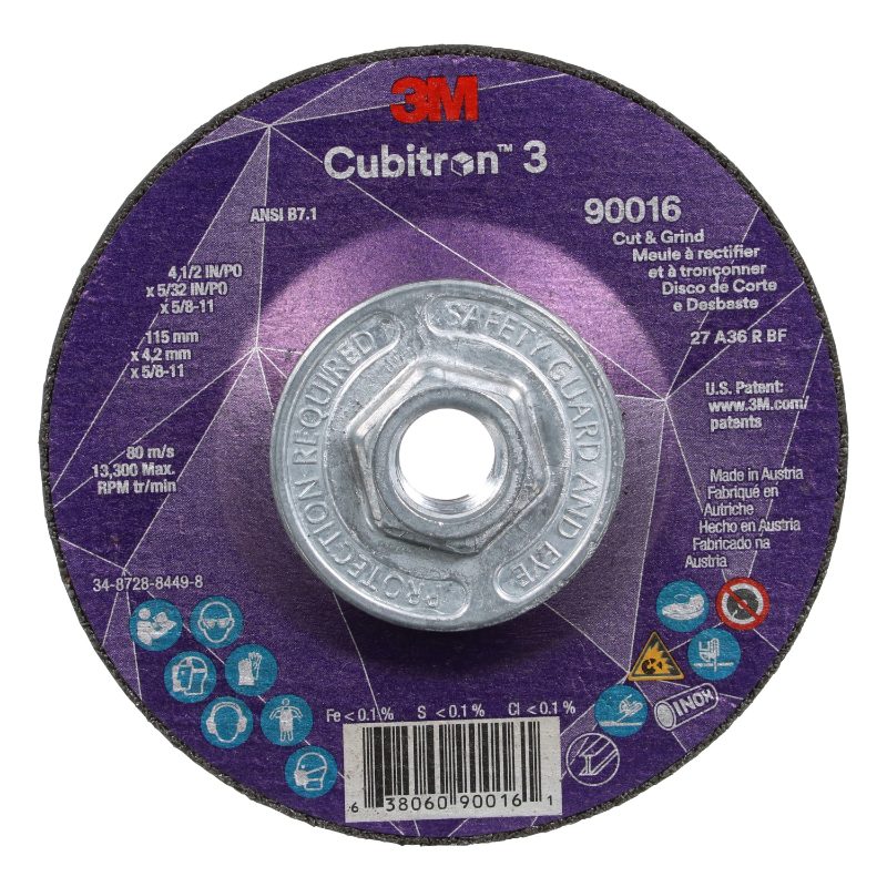 3M™ Cubitron™ 3 Cut and Grind Wheel, 90016, 36+, T27, 4-1/2 in x 5/32 in x 5/8 in-11 (115 x 4.2 mm x 5/8-11 in), ANSI, 10 ea/Cas
