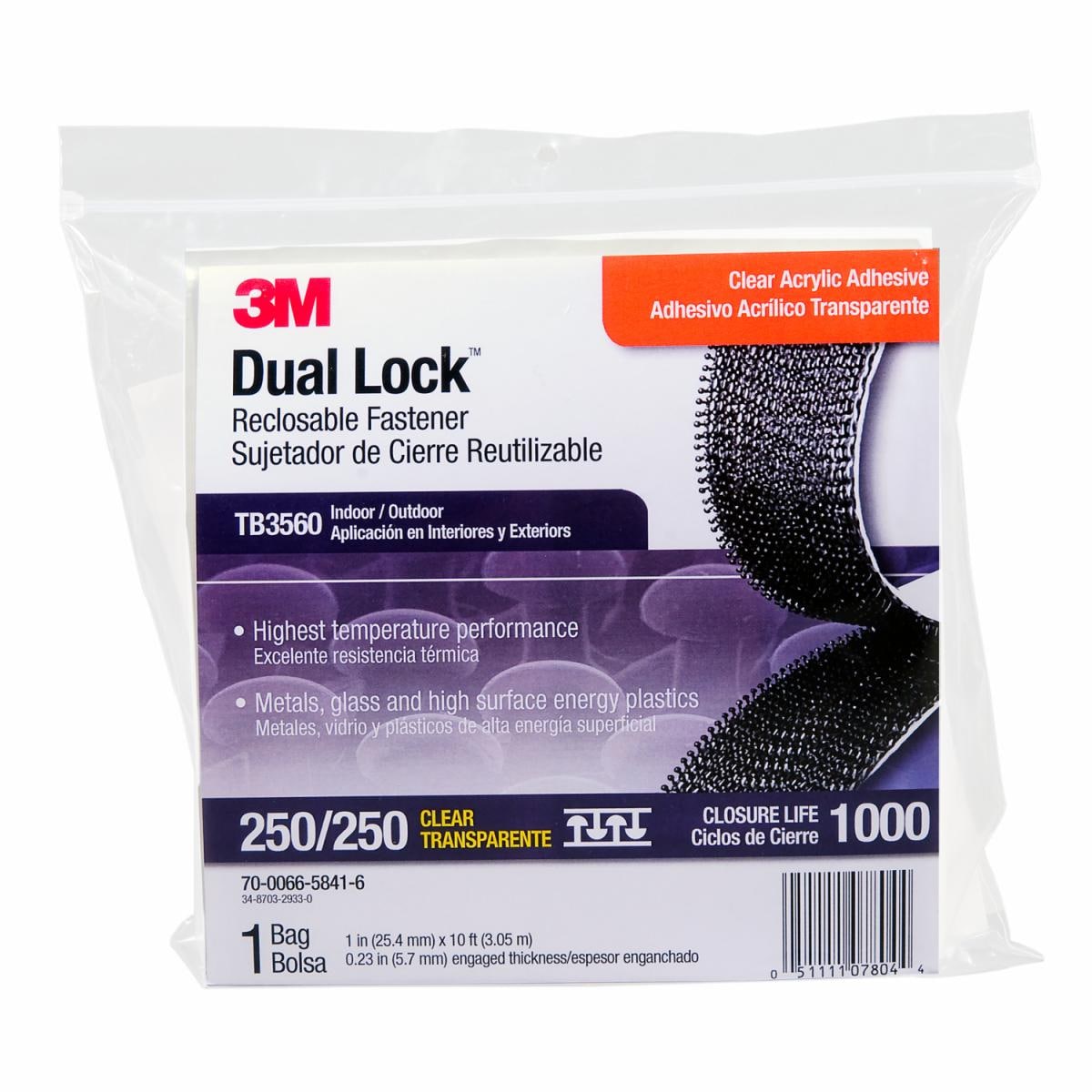 3M™ Dual Lock™ Reclosable Fastener TB3560, Clear, 1 in x 10 ft, Type 250/250, 1 Mated Strip per Bag, 8 bags per case