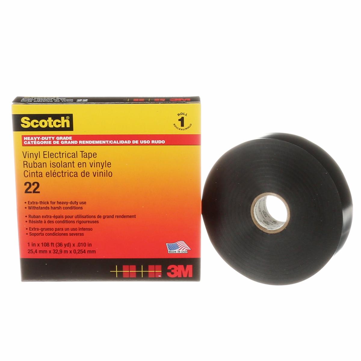 Scotch® Vinyl Electrical Tape, 22, black, 10 mil (0.25 mm), 1/2 in x 36 yd (12.7 mm x 32.9 m)