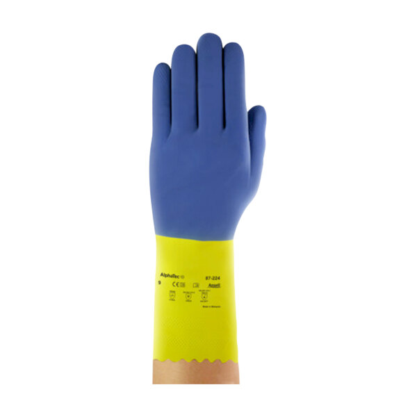 AlphaTec® 87-224 Cotton Flocking Unsupported, Blue and Yellow Natural Rubber Latex and Neoprene Blend, Lozenge, Pinked