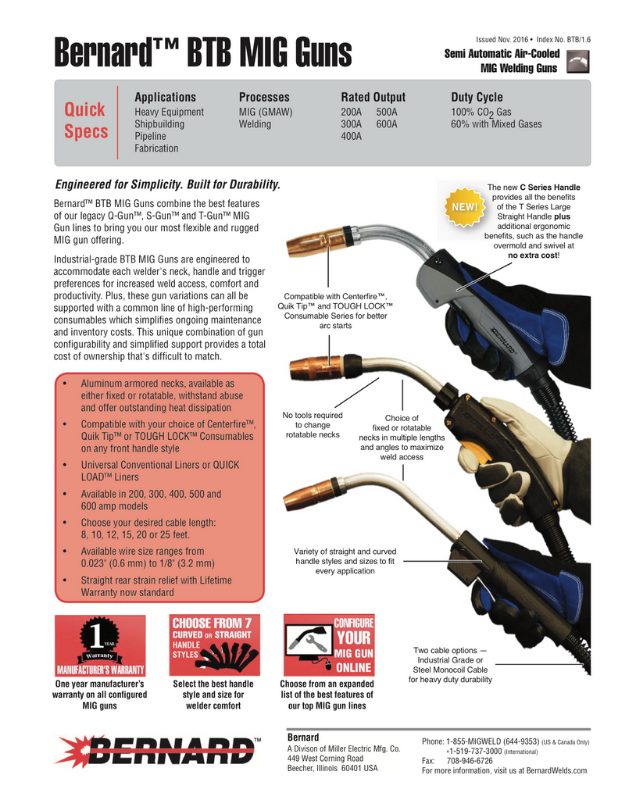 Bernard 300A,BTB MIG Gun,15'(4.57m),.045"(1.2mm),Miller®,Conv