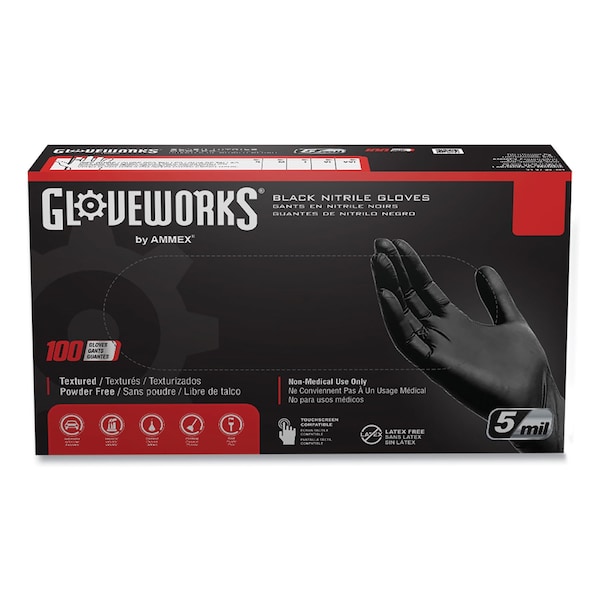 S/7 9-1/2" 5 mil Black Nitrile Beaded Cuff Textured Grip Chemical Resistant Disposable Glove