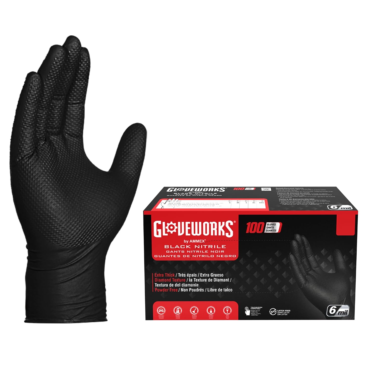 L/9 9-1/2" 5 mil Black Nitrile Beaded Cuff Textured Grip Chemical Resistant Disposable Glove