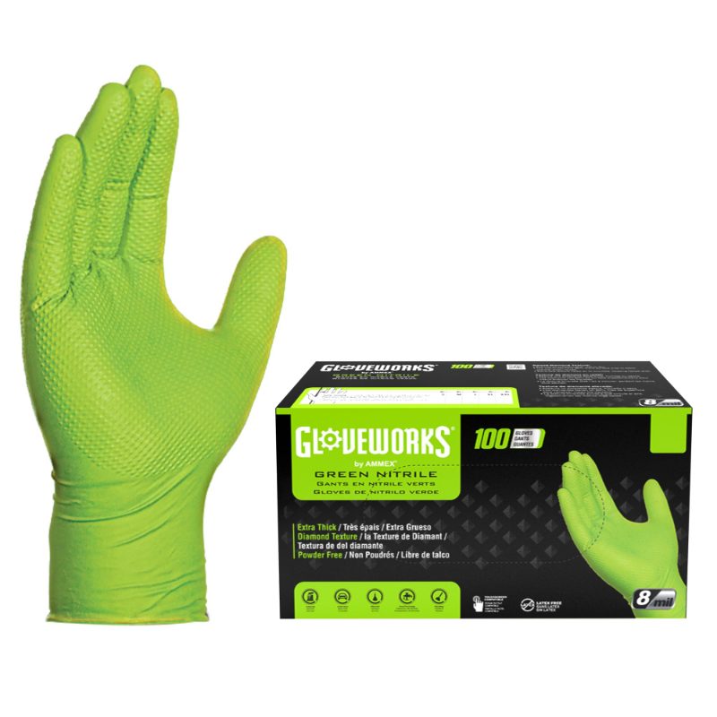 M/8 9.3" 8 mil Green Nitrile Beaded Cuff Raised Diamond Textured Grip Chemical Resistant Disposable Glove