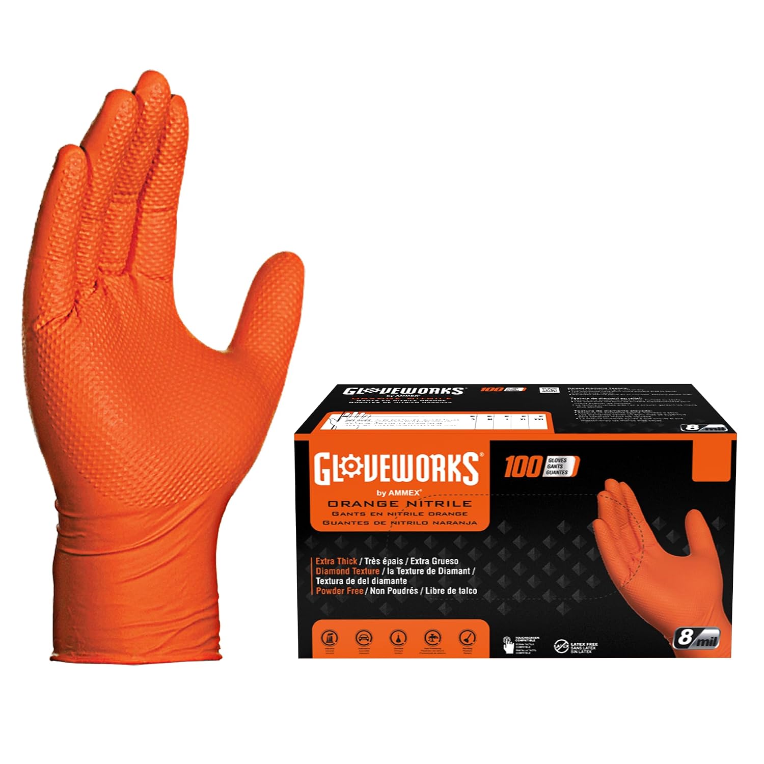 XL 9-1/2" 8mil Orange Nitrile Diamond Textured Industrial Grade Powder-Free Disposable Glove