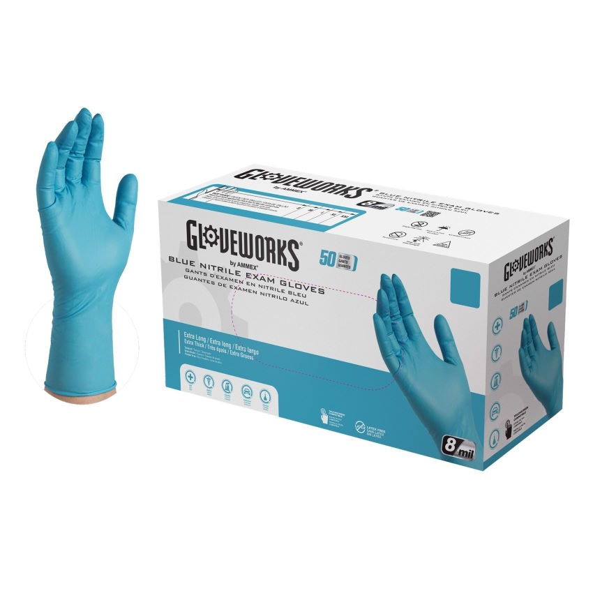 XL/10 9.3" 6 mil Blue Nitrile Beaded Cuff Raised Diamond Textured Grip Chemical Resistant Disposable Glove