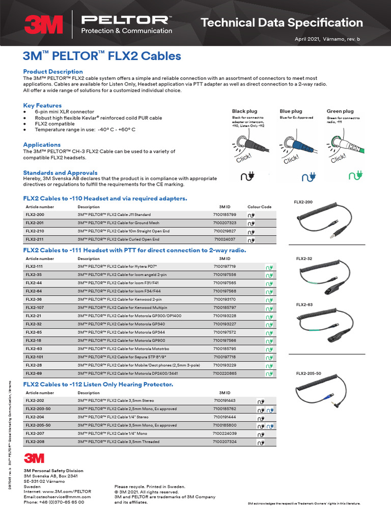 3M™ Peltor™ FLX2 Jack with Cables and Connectors, J186A-01/SP