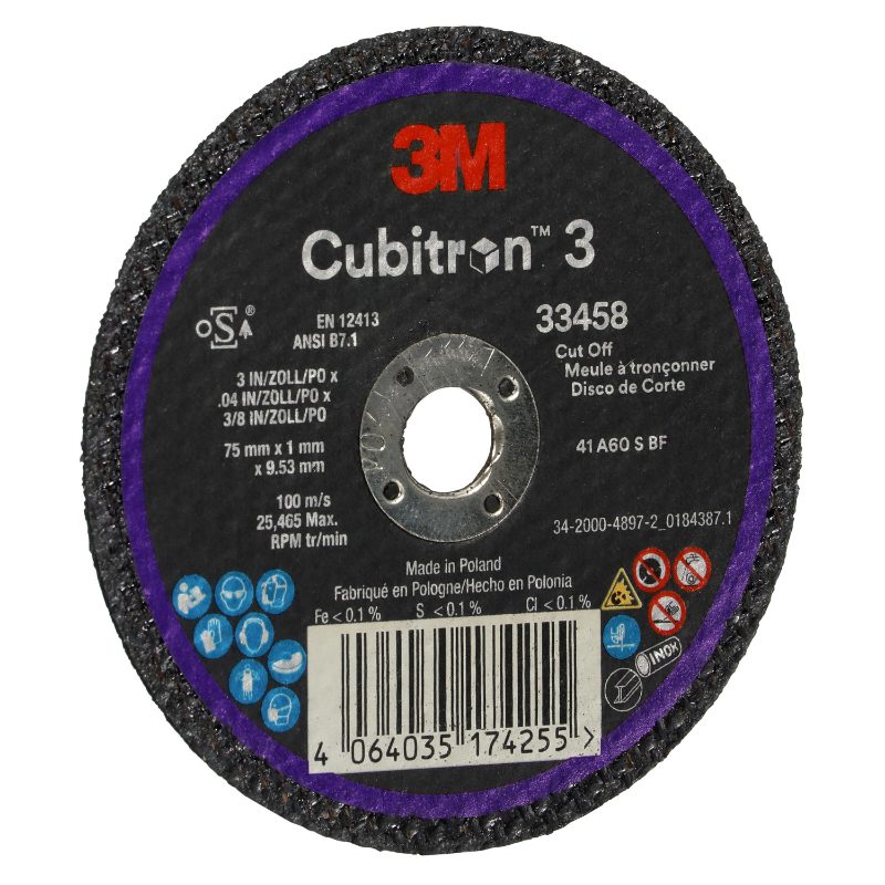 3M™ Cubitron™ 3 Cut-Off Wheel, 33458, 75 mm x 1 mm x 9.53 mm (3 in x .04 in x 3/8 in), 5 Each/Pack, 6 Packs/Case
