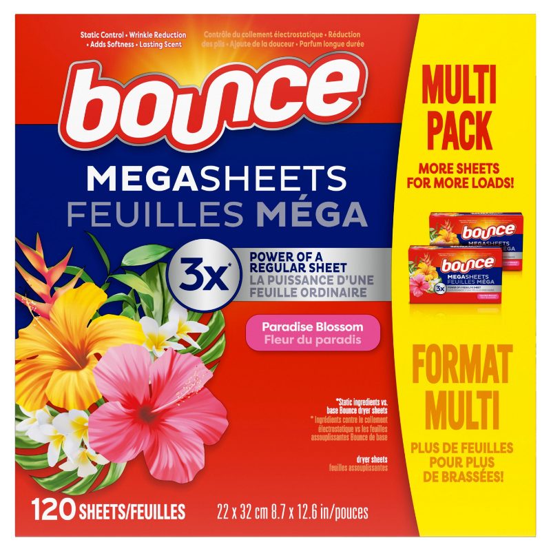 Bounce Mega Dryer Sheets, Paradise Blossom, 120 Count, Mega Fabric Softener Sheets with Static Control, Wrinkle Reduction, Extra
