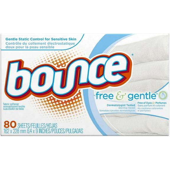 Bounce Free & Gentle Dryer Sheets, 80 Sheets, Unscented Fabric Softener Sheets, Hypoallergenic and Dermatologist Tested