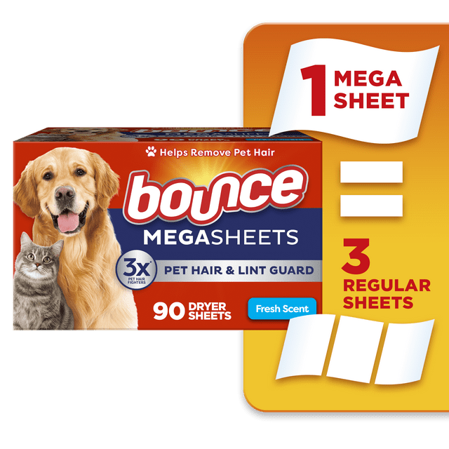 Bounce Pet Hair and Lint Guard Mega Dryer Sheets with 3X Pet Hair Fighters, Fresh Scent, 180 Count