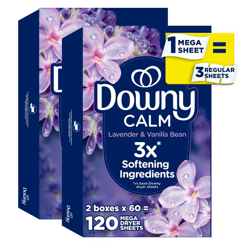 Downy CALM, Mega Dryer Sheets, Laundry Fabric Softener, Lavender and Vanilla Bean, 120 Count