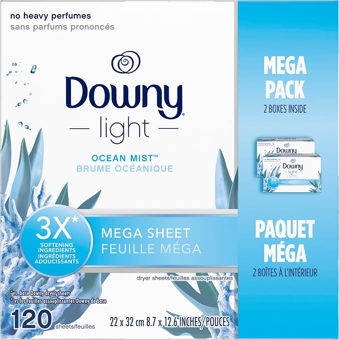 Downy Light Mega Dryer Sheets, Laundry Fabric Softener, Ocean Mist, 120 Count