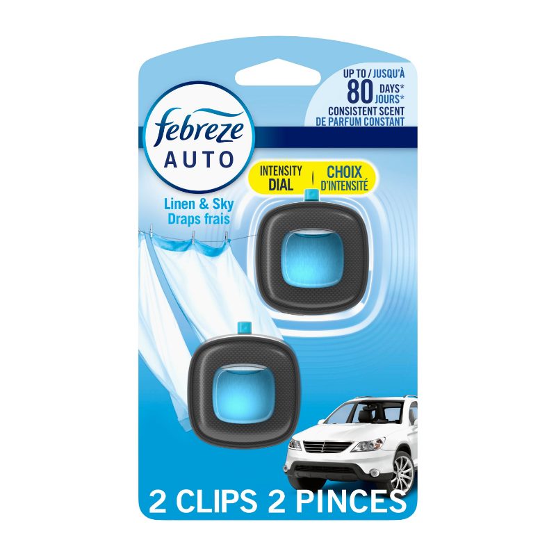 Febreze Car Air Freshener, Odor-Fighting Automotive Vent Clip, Linen & Sky Scent, 2 Count
