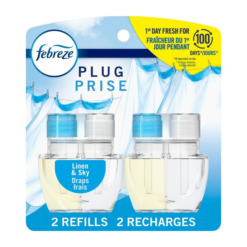 Febreze Plug In Air Freshener, Odor-Fighting Scented Oil Refill, Linen & Sky Scent, 2 Refills