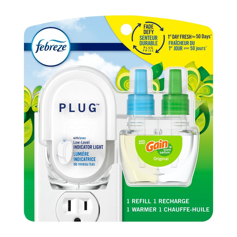 Febreze Plug In Air Freshener, Odor-Fighting Scented Oil Starter Kit, Gain Scent, Warmer + 1 Refill