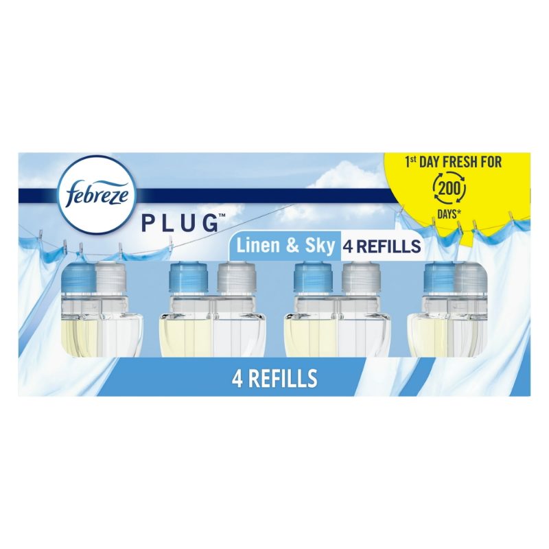 Febreze Plug In Air Freshener, Odor-Fighting Scented Oil Starter Kit, Linen & Sky, Warmer+1 Refill