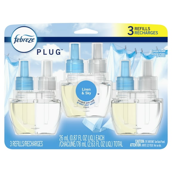 Febreze Plug In Air Freshener, Odor-Fighting Scented Oil Refill, Linen & Sky Scent, 3 Refills