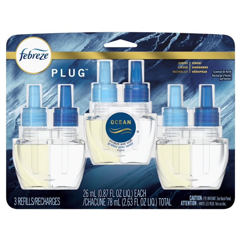 Febreze Plug In Air Freshener, Odor-Fighting Scented Oil Refill, Ocean Scent, 3 Refills
