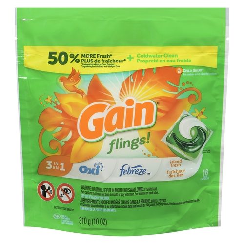 Gain Flings Laundry Detergent Pacs, 16 Count, Island Fresh Scent, with Odour Defense, concentrated laundry soap pacs