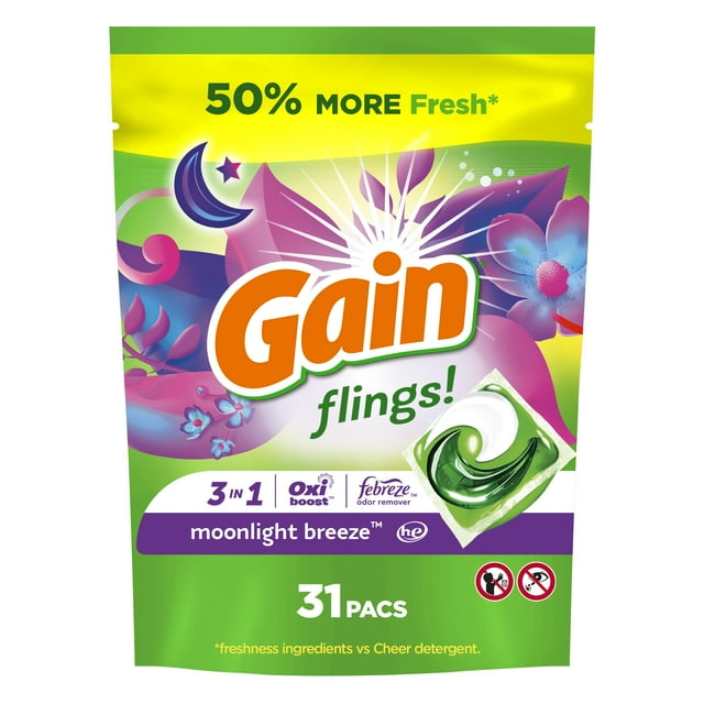 Gain Flings Laundry Detergent Pacs, 31 Count, Moonlight Breeze Scent, with Odour Defense, concentrated laundry soap pacs