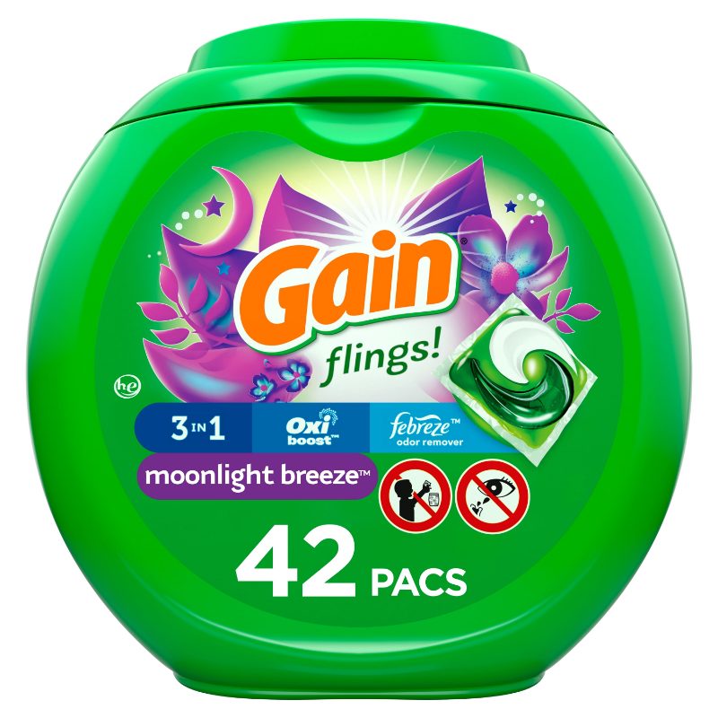 Gain Flings Laundry Detergent Pacs, 42 Count, Moonlight Breeze Scent, with Odour Defense, concentrated laundry soap pacs