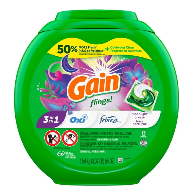 Gain Flings Laundry Detergent Pacs, 76 Count, Moonlight Breeze Scent, with Odour Defense, concentrated laundry soap pacs