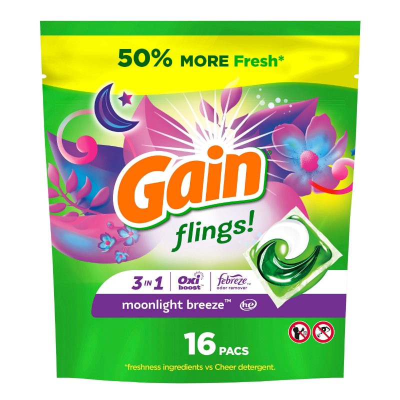 Gain Flings Laundry Detergent Pacs, 16 Count, Moonlight Breeze Scent, with Odour Defense, concentrated laundry soap pacs