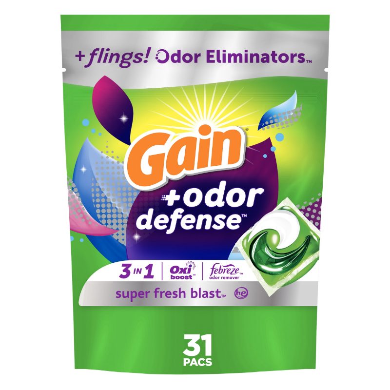 Gain Flings Laundry Detergent Pacs, 31 Count, Super Fresh Blast Scent, with Odour Defense