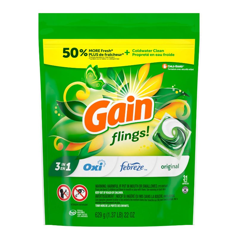 Gain Flings Laundry Detergent Pacs, 31 Count, Original Scent, with Odour Defense, concentrated laundry soap pacs
