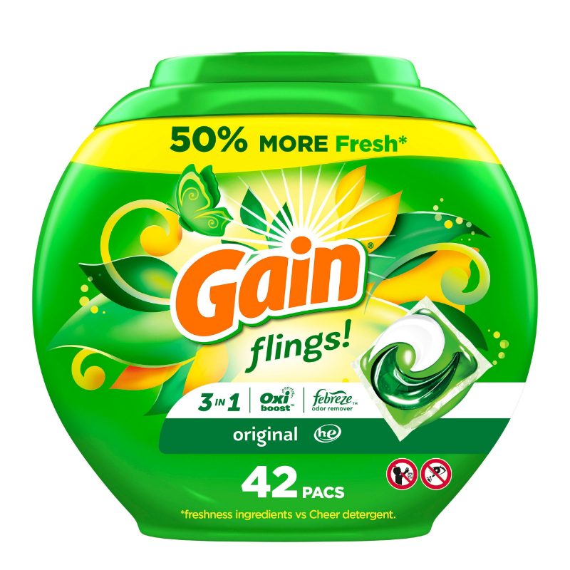 Gain Flings Laundry Detergent Pacs, 42 Count, Original Scent, with Odour Defense, concentrated laundry soap pacs