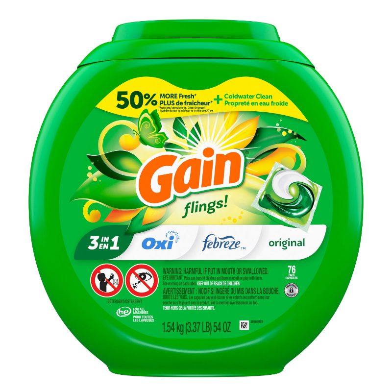 Gain Flings Laundry Detergent Pacs, 76 Count, Original Scent, with Odour Defense, concentrated laundry soap pacs