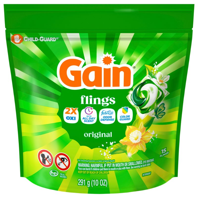 Gain Flings Laundry Detergent Pacs, 16 Count, Original Scent, with Odour Defense, concentrated laundry soap pacs