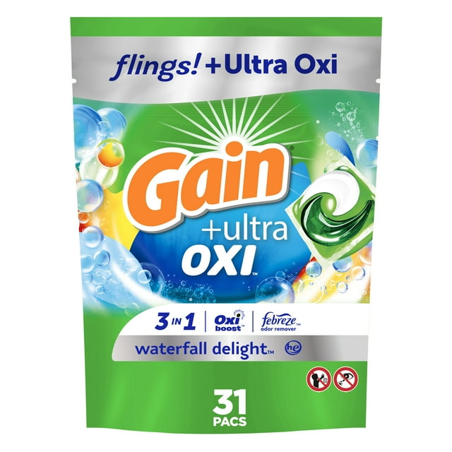 Gain Flings Ultra Oxi Laundry Detergent Pacs, 31 Count, Waterfall Delight Scent, with Odour Defense, concentrated laundry soap p