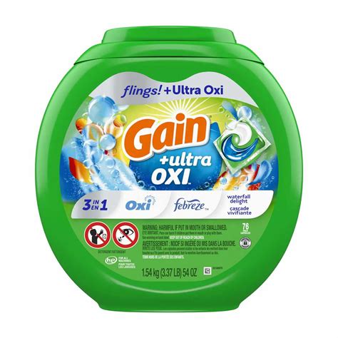 Gain Flings Ultra Oxi Laundry Detergent Pacs, 76 Count, Waterfall Delight Scent, with Odour Defense, concentrated laundry soap p