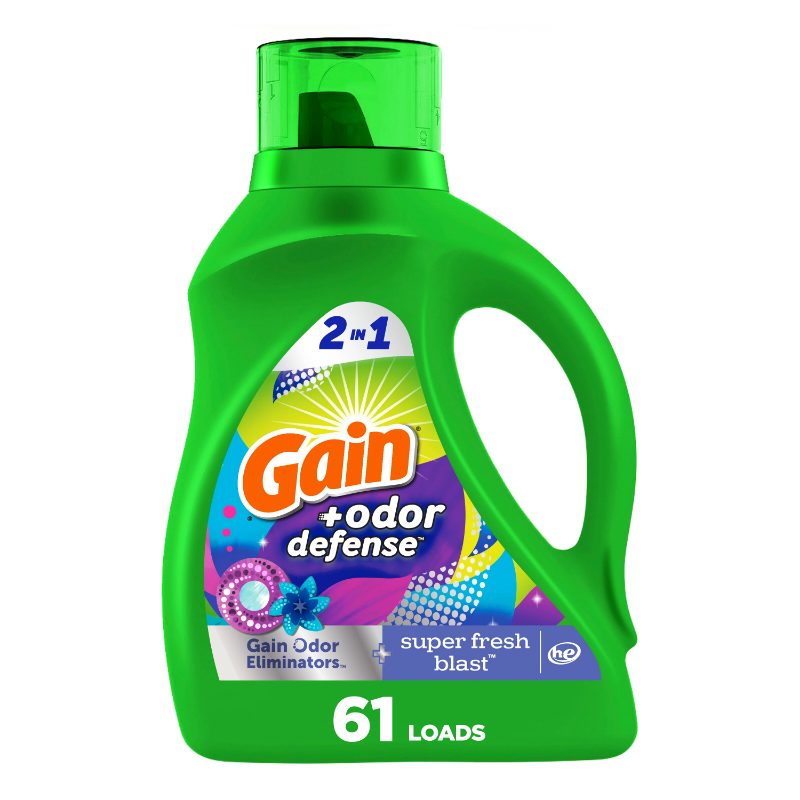 Gain Odour Defense Liquid Laundry Detergent, Super Fresh Blast Scent, 2.6 L, 61 loads, 2 in 1, Laundry Detergent Liquid Soap, HE
